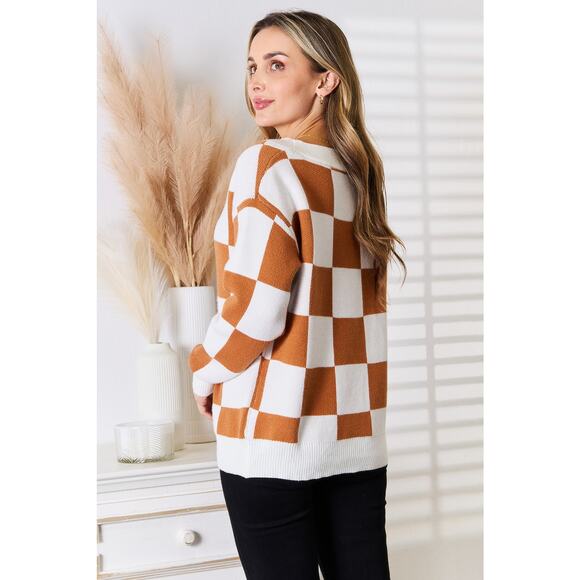DOUBLE TAKE Camel White Checked V-Neck Dropped Shoulder Cardigan Sweater Small - Picture 3 of 10